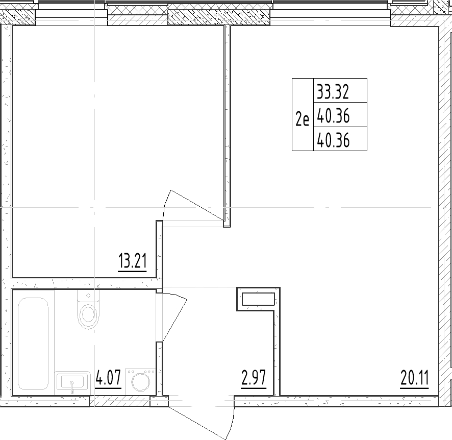 Планировка евродвушка (2Е) 41.6 м² в ЖК «Зум Черная Речка», корпус 1