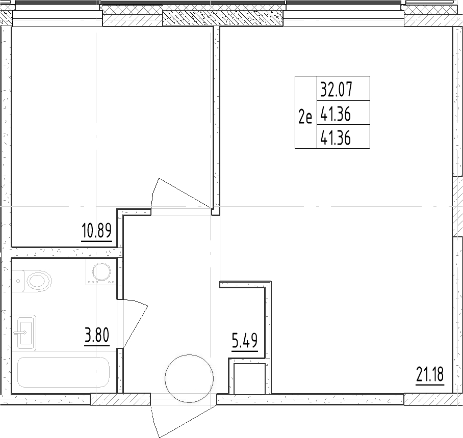 Планировка евродвушка (2Е) 42.7 м² в ЖК «Зум Черная Речка», корпус 1
