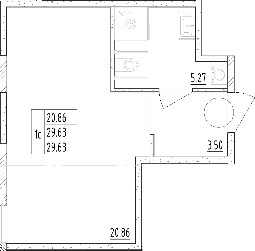 Планировка Студии 29.63 м² в ЖК «Зум Черная Речка», корпус 1