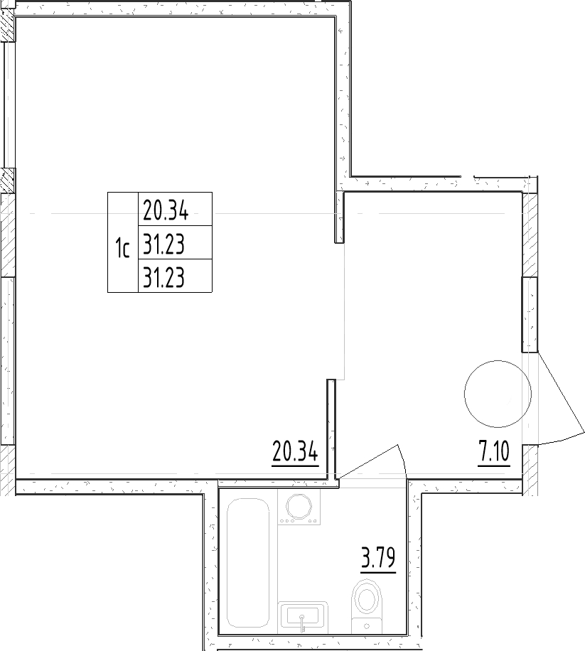 Планировка Студии 31.23 м² в ЖК «Зум Черная Речка», корпус 1