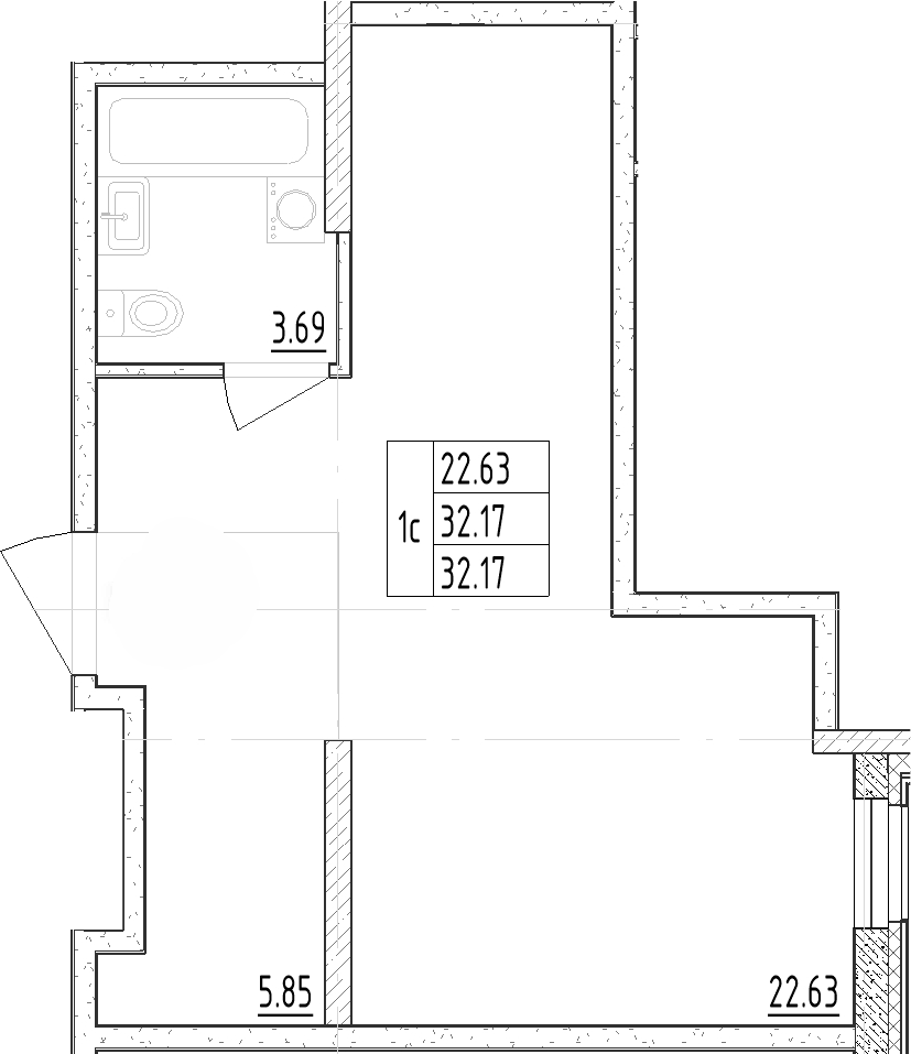 Планировка Студии 33.2 м² в ЖК «Зум Черная Речка», корпус 1