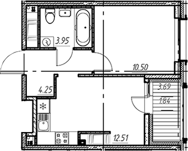 Планировка однокомнатная 33.05 м² в ЖК «Новый Московский», корпус 7