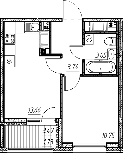 Планировка однокомнатная 33.53 м² в ЖК «Новый Московский», корпус 8