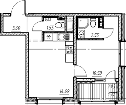 Планировка однокомнатная 34.86 м² в ЖК «Новый Московский», корпус 7