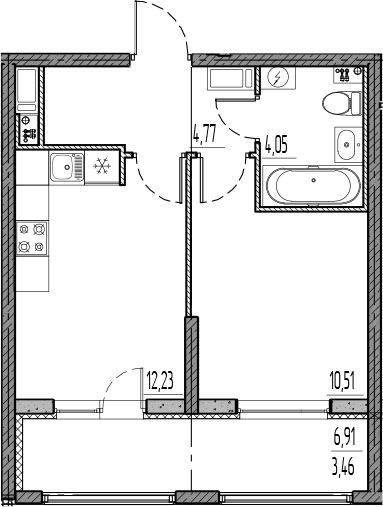 Планировка евродвушка (2Е) 35.02 м² в ЖК «Новый Московский», корпус 5
