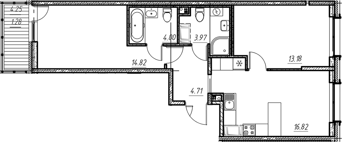 Планировка евротрёшка (3Е) 58.78 м² в ЖК «Новый Московский», корпус 7