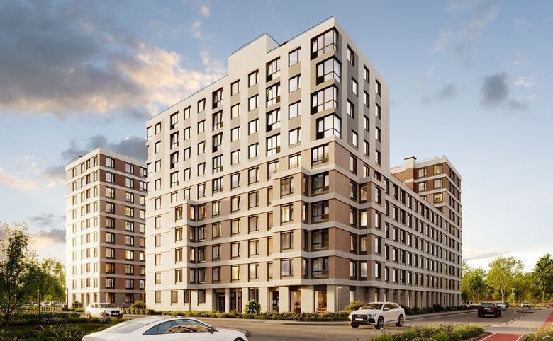 Новый Московский — Корпус с бежевым керамогранитом и стеклянными первыми этажам