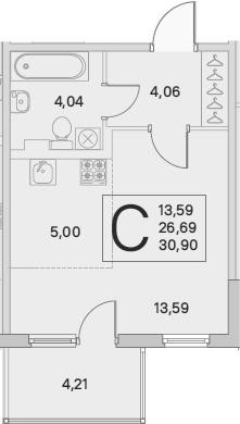 Планировка Студии 27.95 м² в ЖК «Новое Сертолово», корпус 2 «Гармония»