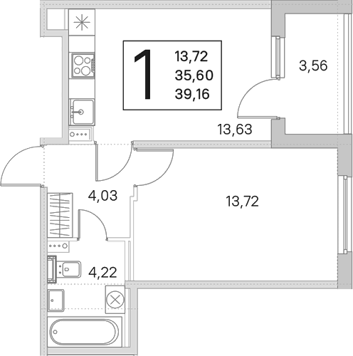Планировка однокомнатная 37.38 м² в ЖК «Любоград в Стрельне», корпус 4.1 «Золотая рыбка»