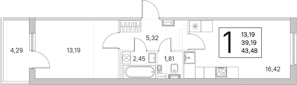 Планировка евродвушка (2Е) 41.34 м² в ЖК «Любоград в Стрельне», корпус 4.1 «Золотая рыбка»