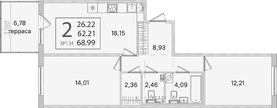 Планировка двухкомнатная 68.99 м² в ЖК «Любоград в Стрельне», корпус 5 «Золотая рыбка»