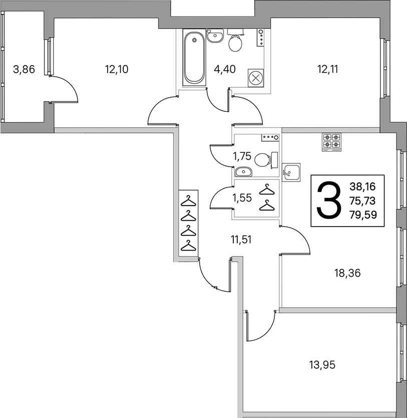 Планировка евро-4 (4Е) 77.66 м² в ЖК «Любоград в Стрельне», корпус 2 «Кот Баюн»