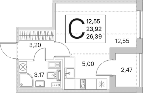 Планировка Студии 25.16 м² в ЖК «Любоград в Стрельне», корпус 4.1 «Золотая рыбка»