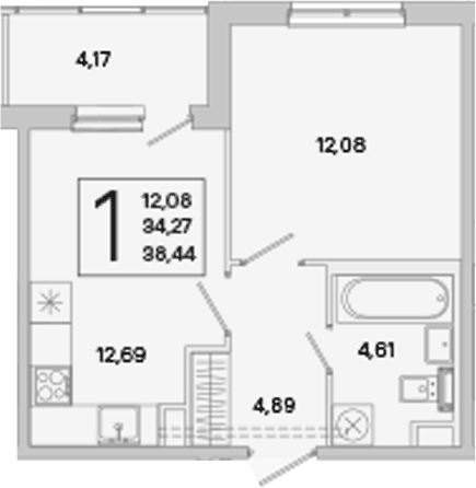 Планировка однокомнатная 36.36 м² в ЖК «ЮгТаун. Олимпийские кварталы», корпус 7