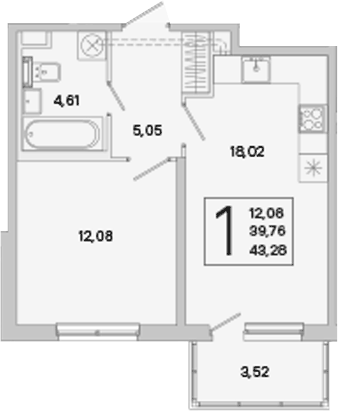 Планировка евродвушка (2Е) 40.82 м² в ЖК «ЮгТаун. Олимпийские кварталы», корпус 7