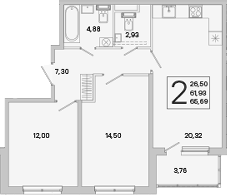 Планировка двухкомнатная 63.81 м² в ЖК «ЮгТаун. Олимпийские кварталы», корпус 7