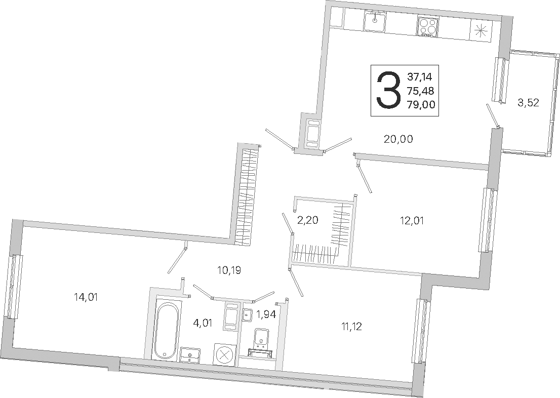 Планировка евро-4 (4Е) 76.54 м² в ЖК «ЮгТаун. Олимпийские кварталы», корпус 5