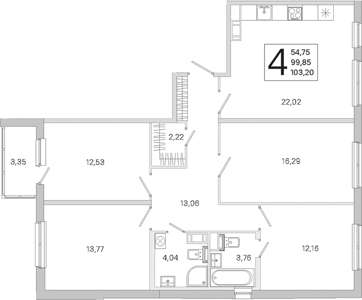 Планировка 5Е-к.кв 103.2 м² в ЖК «ЮгТаун. Олимпийские кварталы», корпус 5