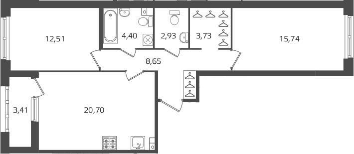 Планировка евротрёшка (3Е) 70.37 м² в ЖК «Б15», корпус 5
