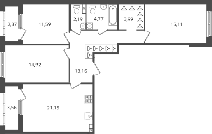 Планировка евро-4 (4Е) 90.1 м² в ЖК «Б15», корпус 5