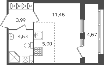 Планировка Студии 27.42 м² в ЖК «Б15», корпус 5