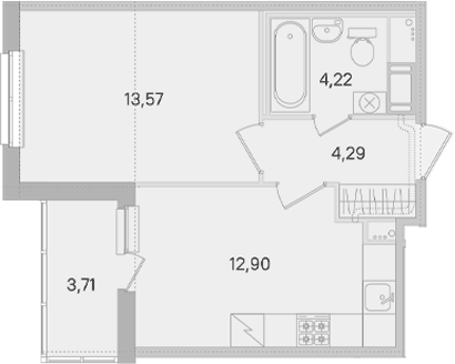 Планировка однокомнатная 36.84 м² в ЖК «Ясно.Янино», корпус 14.10