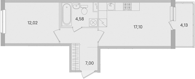 Планировка евродвушка (2Е) 41.94 м² в ЖК «Ясно.Янино», корпус 14.10