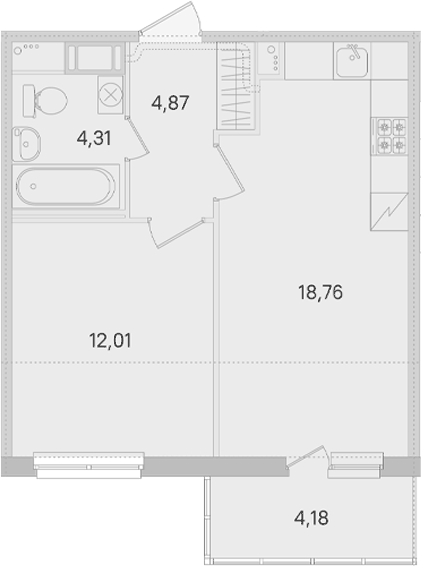 Планировка евродвушка (2Е) 42.04 м² в ЖК «Ясно.Янино», корпус 14.10