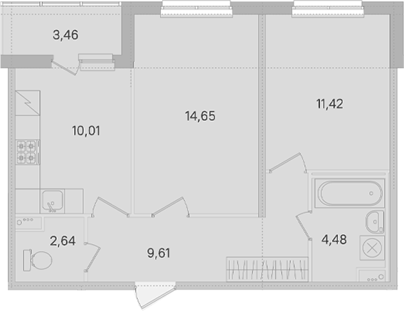Планировка двухкомнатная 54.54 м² в ЖК «Ясно.Янино», корпус 14.10
