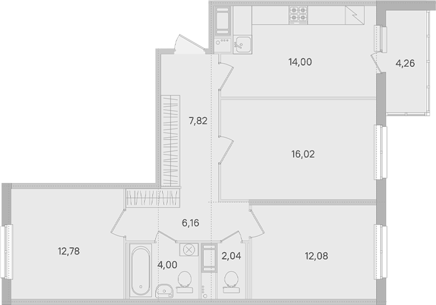 Планировка трёхкомнатная 77.03 м² в ЖК «Ясно.Янино», корпус 14.10