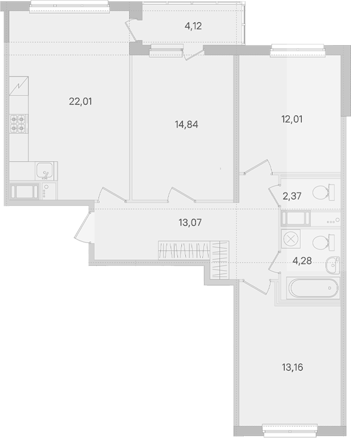 Планировка евро-4 (4Е) 83.8 м² в ЖК «Ясно.Янино», корпус 14.10
