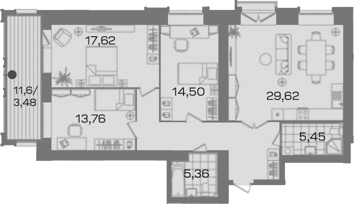 Планировка трёхкомнатная 106.61 м² в ЖК «Листва», корпус 1
