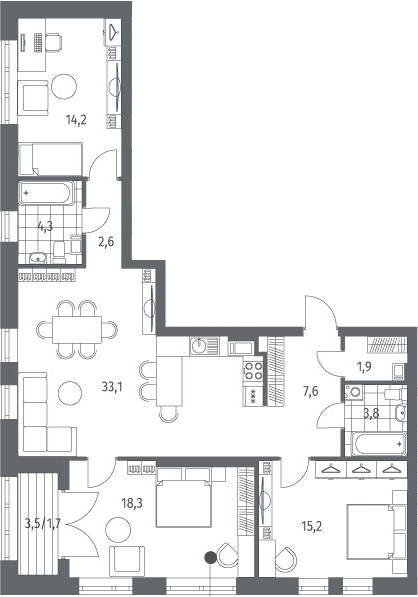 Планировка евро-4 (4Е) 102.71 м² в ЖК «Наука», корпус 8