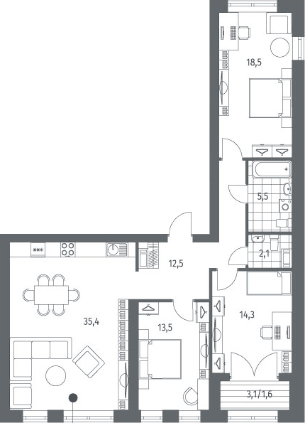 Планировка евро-4 (4Е) 104.5 м² в ЖК «Наука», корпус 7