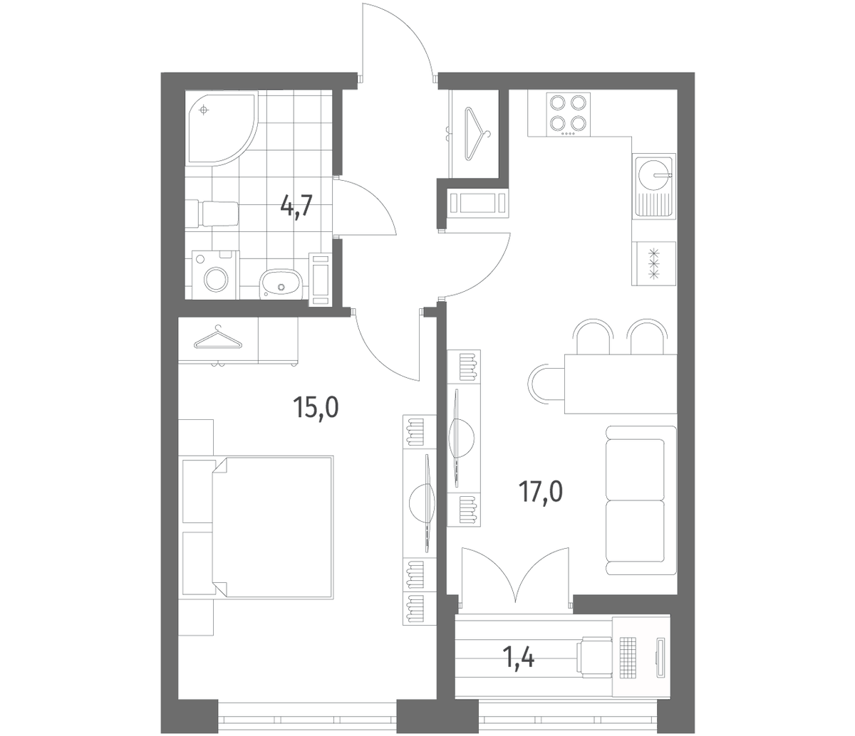 Планировка однокомнатная 42.2 м² в ЖК «Новый Питер», корпус 1.1