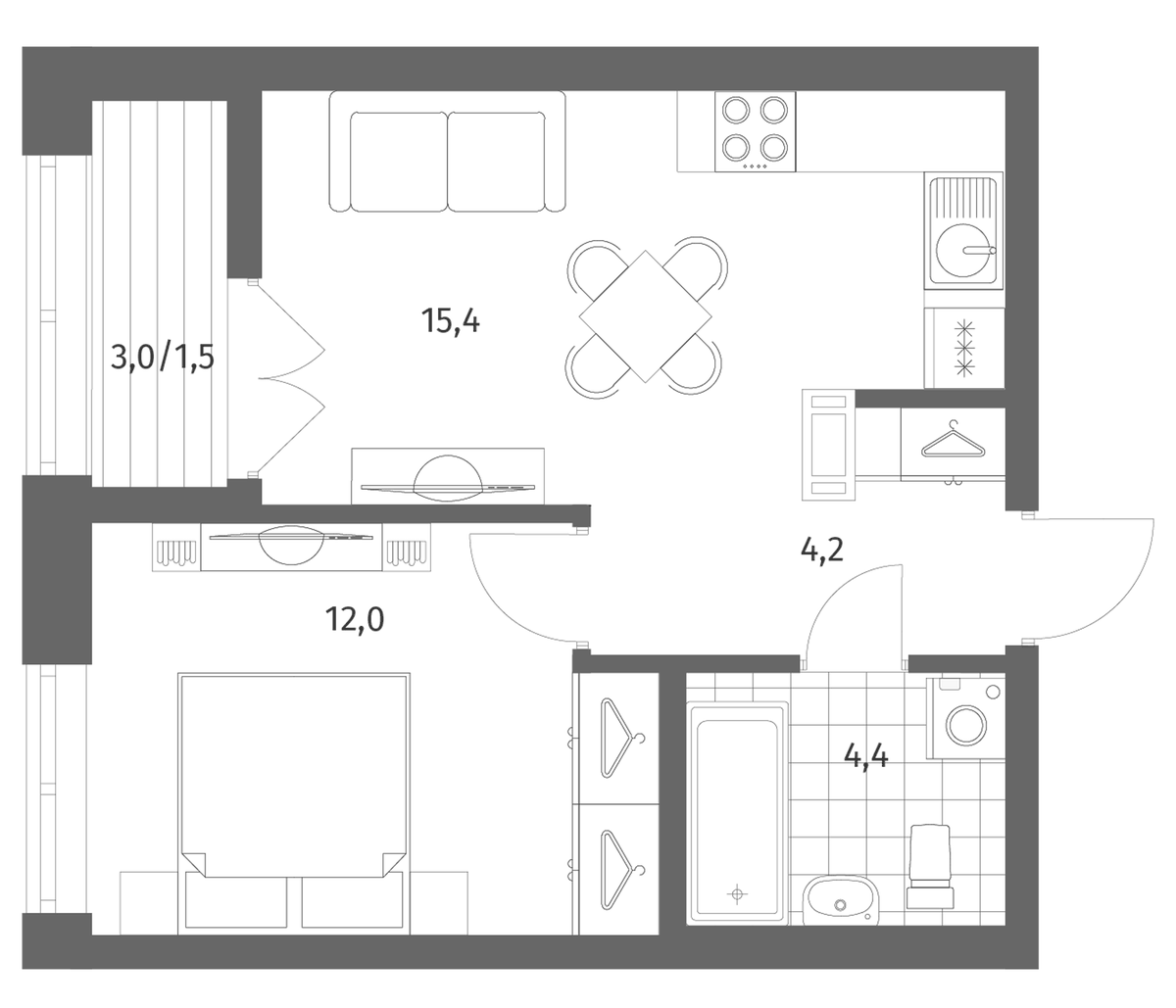 Планировка евродвушка (2Е) 37.56 м² в ЖК «Новый Питер», корпус 3 (1-6)