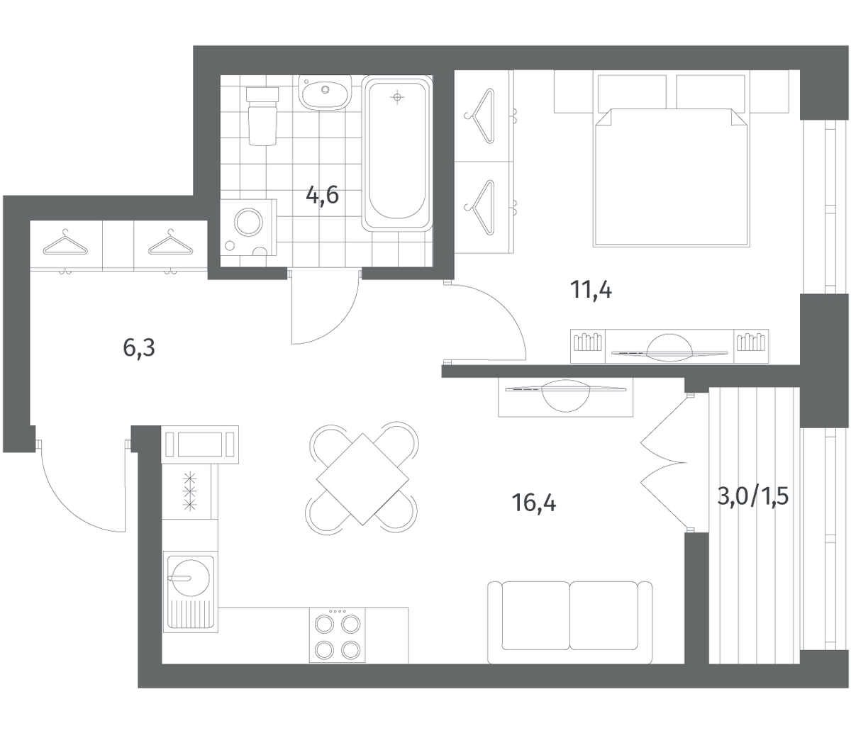 Планировка евродвушка (2Е) 40.16 м² в ЖК «Новый Питер», корпус 3 (7-10)
