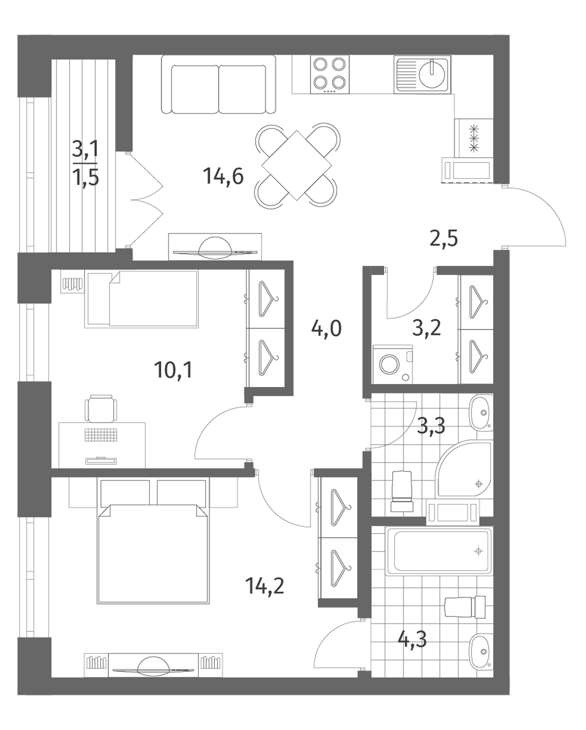 Планировка двухкомнатная 57.74 м² в ЖК «Новый Питер», корпус 3 (1-6)