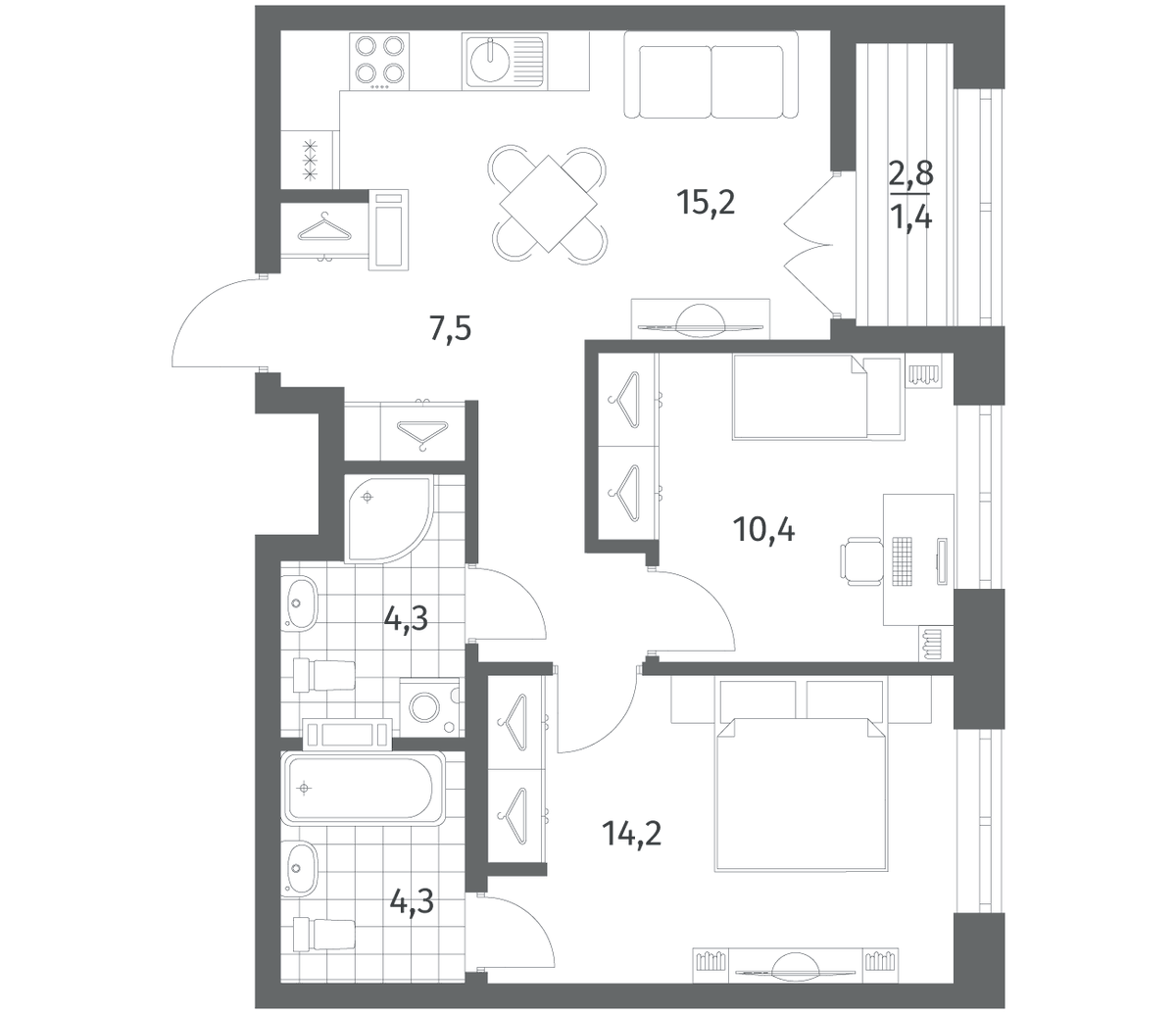 Планировка евротрёшка (3Е) 57.26 м² в ЖК «Новый Питер», корпус 3 (7-10)