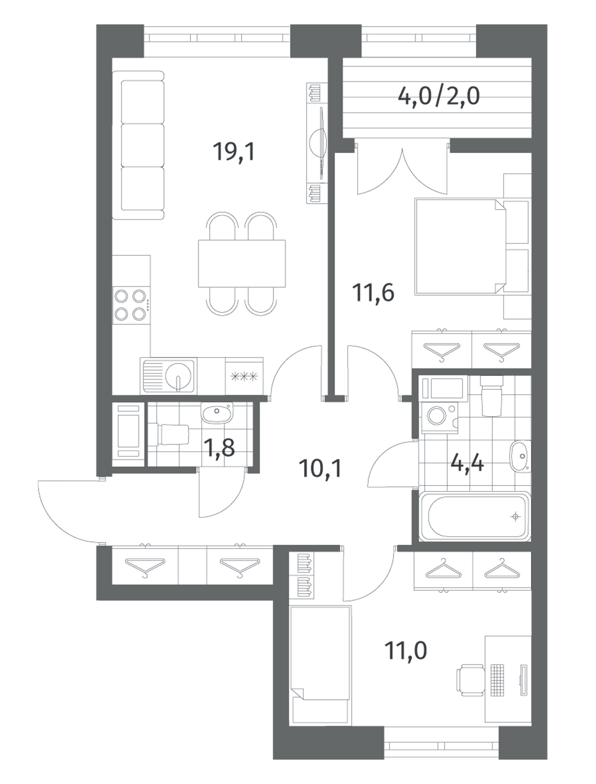 Планировка евротрёшка (3Е) 60.05 м² в ЖК «Новый Питер», корпус 4 (7-10)