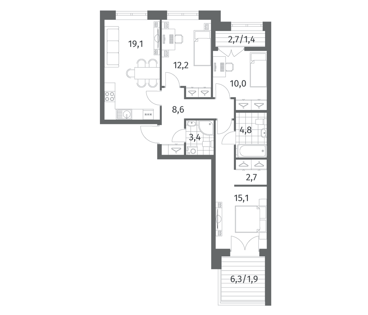 Планировка евро-4 (4Е) 79.2 м² в ЖК «Новый Питер», корпус 4 (1-4)