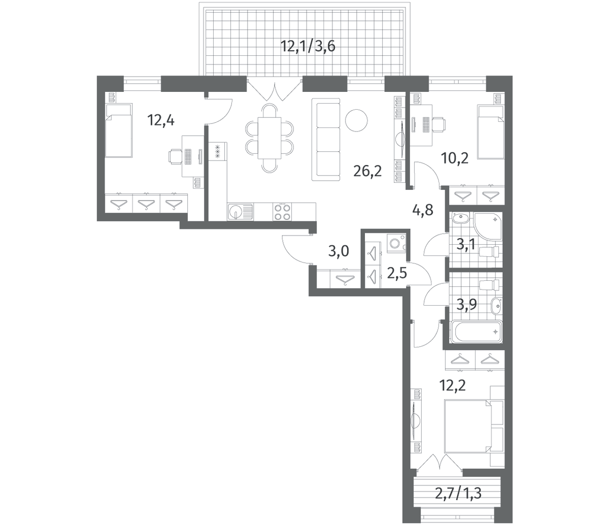 Планировка евро-4 (4Е) 83.38 м² в ЖК «Новый Питер», корпус 3 (1-6)