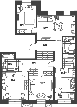 Планировка 5Е-к.кв 102.03 м² в ЖК «Новый Питер», корпус 6