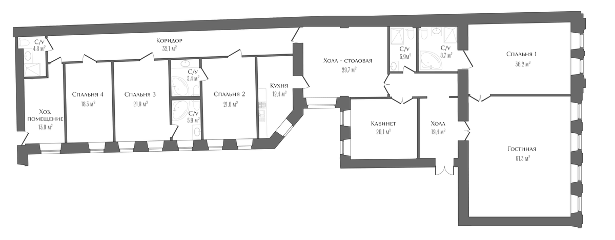 Планировка 6-к.кв 313.6 м² в ЖК «Три Грации», корпус 1