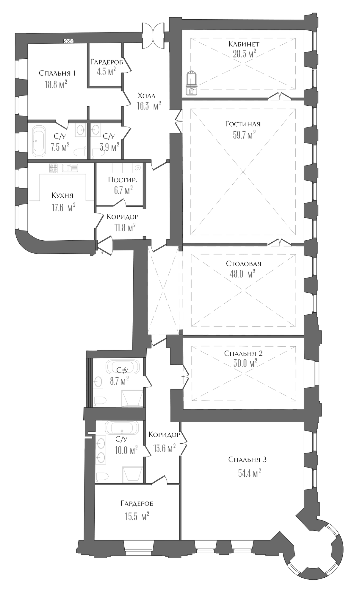 Планировка 6-к.кв 354.7 м² в ЖК «Три Грации», корпус 1