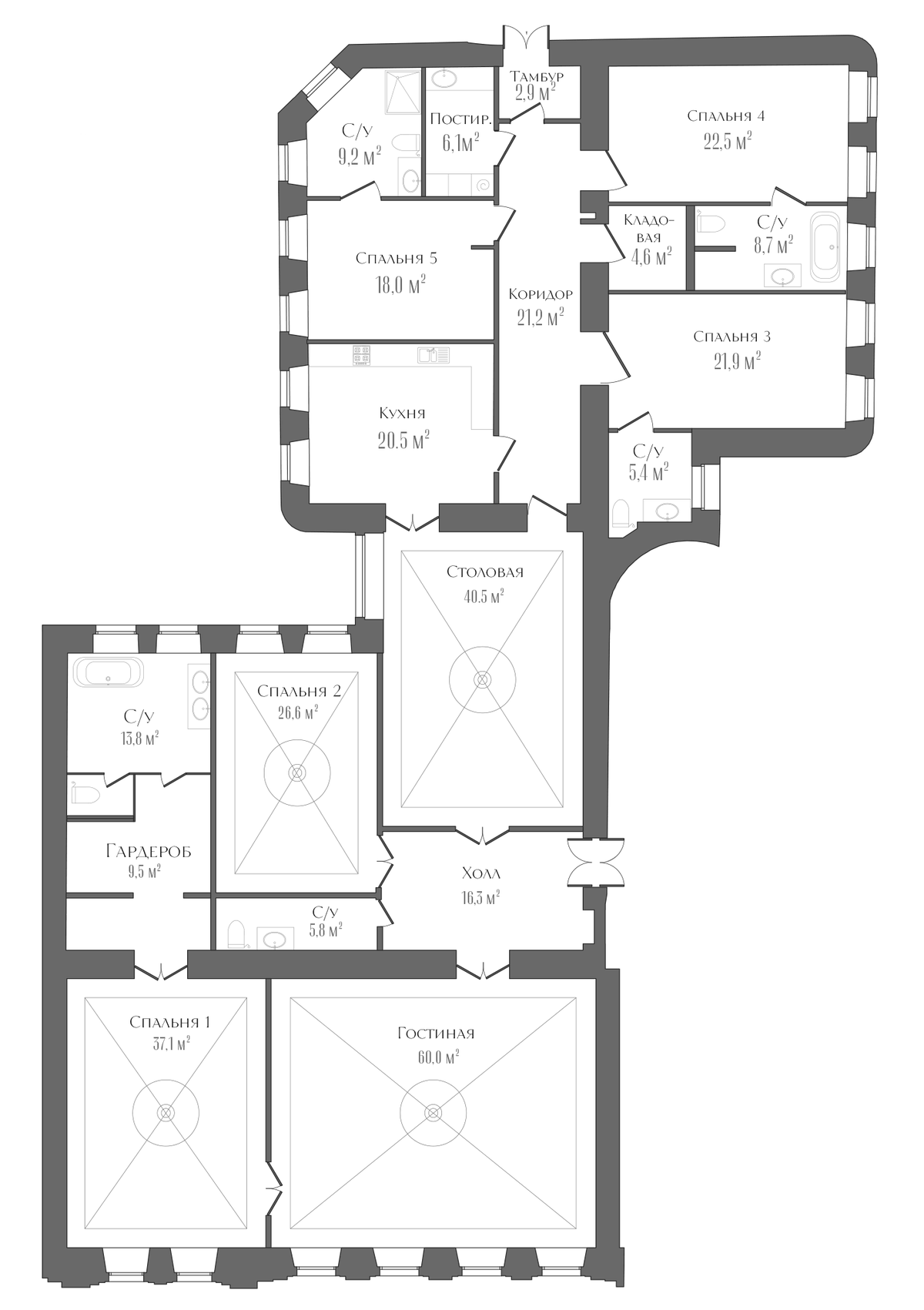 Планировка 7-к.кв 353.6 м² в ЖК «Три Грации», корпус 1