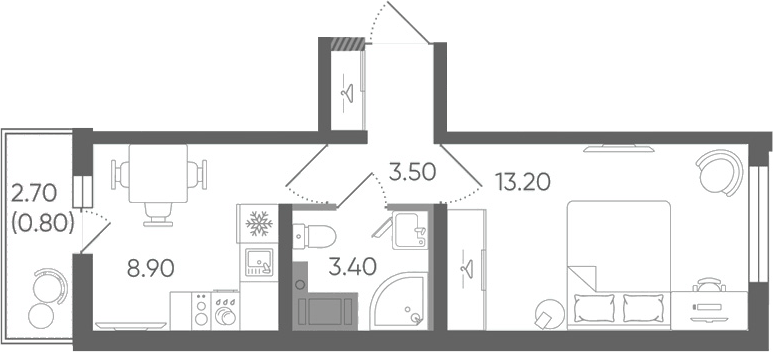 Планировка однокомнатная 29.8 м² в ЖК «Цветной город», корпус 29.7