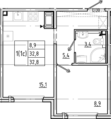 Планировка евродвушка (2Е) 32.8 м² в ЖК «Цветной город», корпус 18.1 Пейзажный квартал