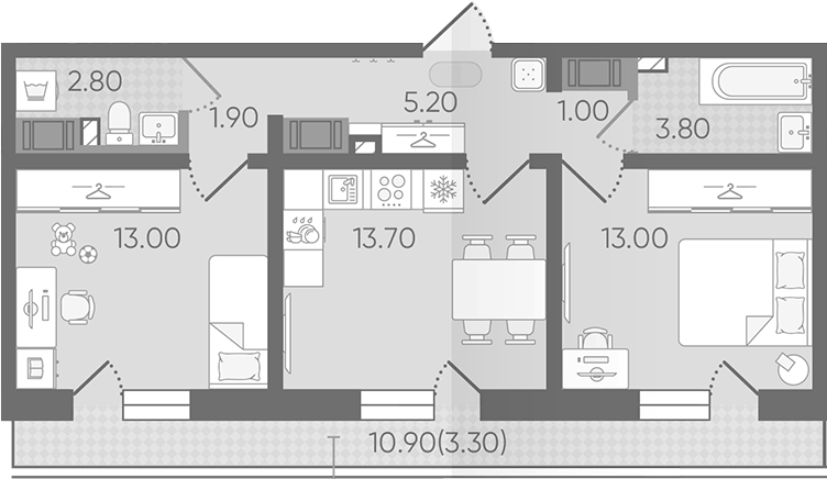 Планировка двухкомнатная 58.8 м² в ЖК «Цветной город», корпус 29.9