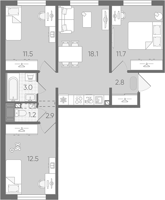 Планировка евро-4 (4Е) 63.7 м² в ЖК «Цветной город», корпус 18.5 Пейзажный квартал